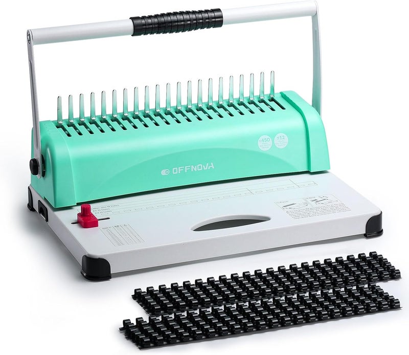 OFFNOVA Binding Machine, 21-Hole 450 Sheets Paper Comb Binding Machine for Letter Size / A4 / A5 Paper, Easy to Punch Handle, Adjustable Margin, Book Binder with 100 PCS 3/8'' Comb Binding Spines - Image 1